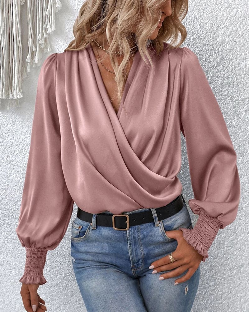 Long-Sleeve Wrap Blouse in Soft Fabric - Elegant Women's Top for Casual or Office Wear