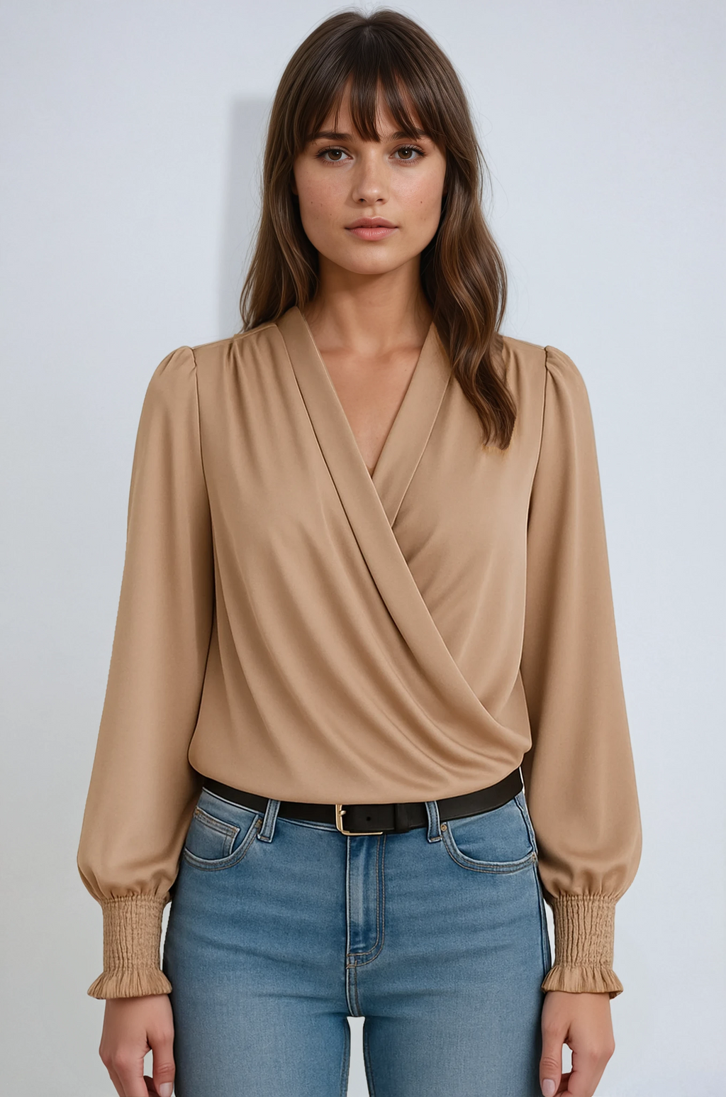 Long-Sleeve Wrap Blouse in Soft Fabric - Elegant Women's Top for Casual or Office Wear