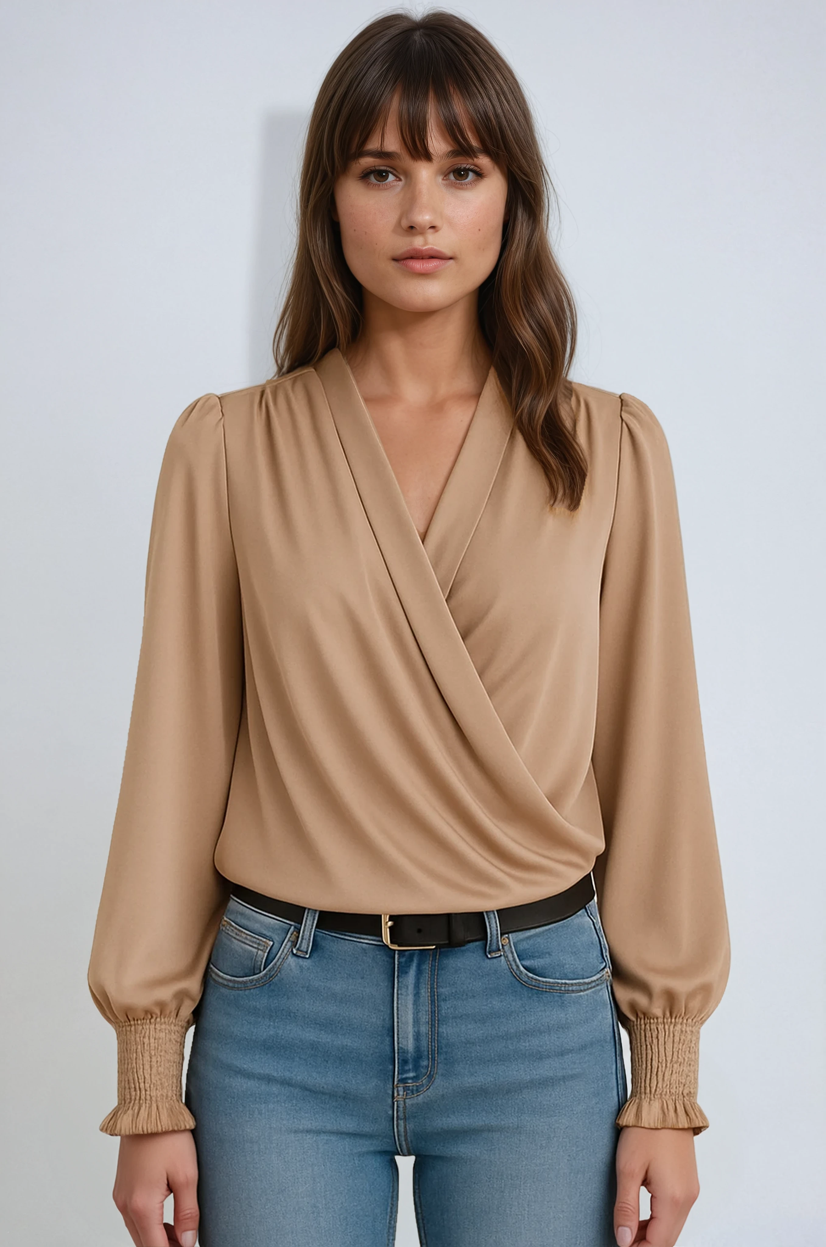Long-Sleeve Wrap Blouse in Soft Fabric - Elegant Women's Top for Casual or Office Wear