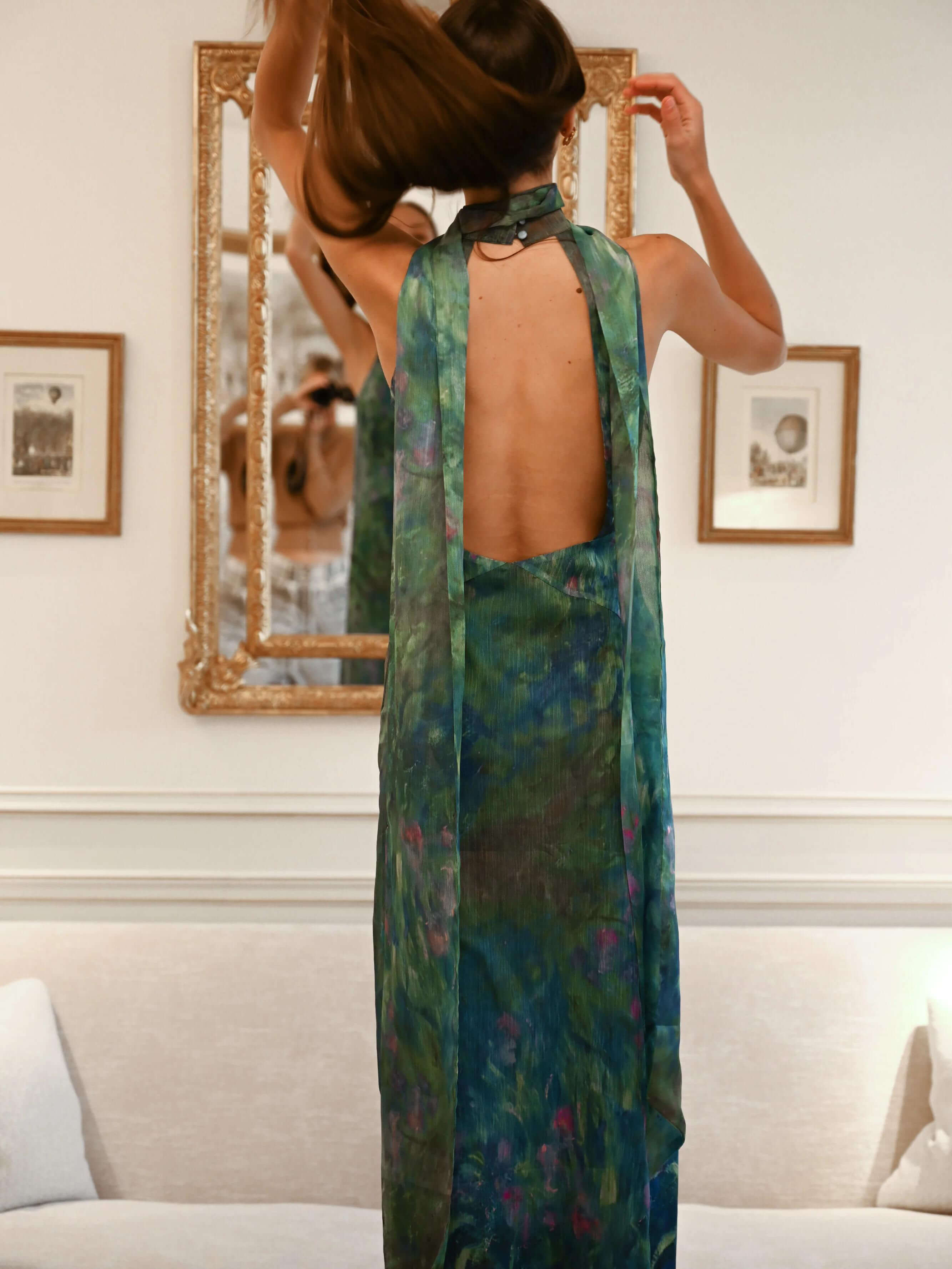 Maxi Dress in Monet-Inspired Print - Floral Design for Parties and Special Occasions