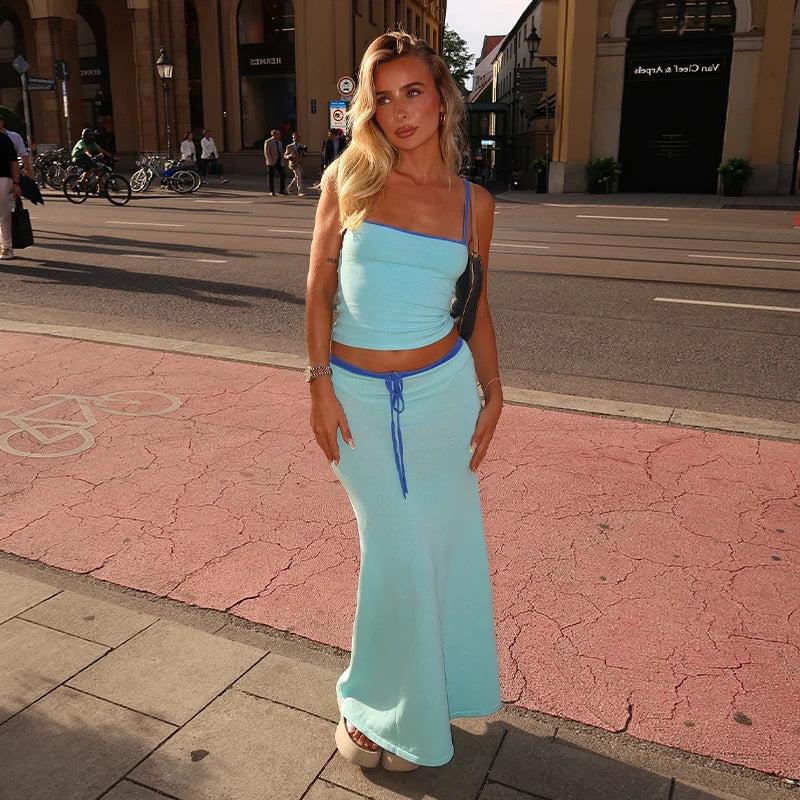 Maxi Two Piece Set - Casual Crop Top and Skirt for Women - Comfortable Cotton Blend - Perfect for Everyday Wear