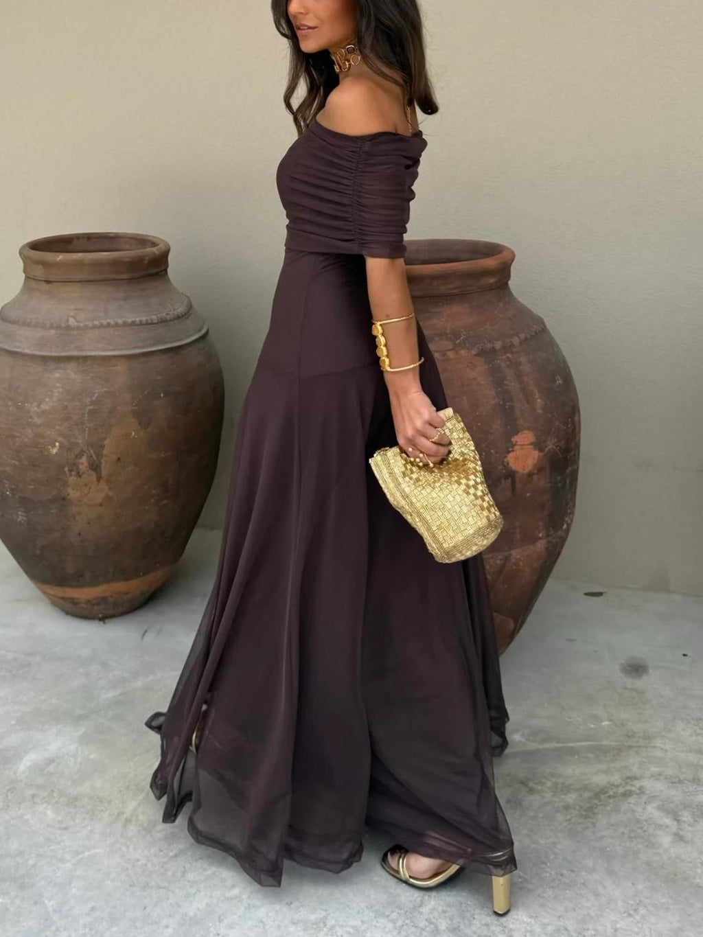 Off Shoulder Chiffon Maxi Dress for Women - Elegant Evening Wear, Perfect for Weddings and Formal Events