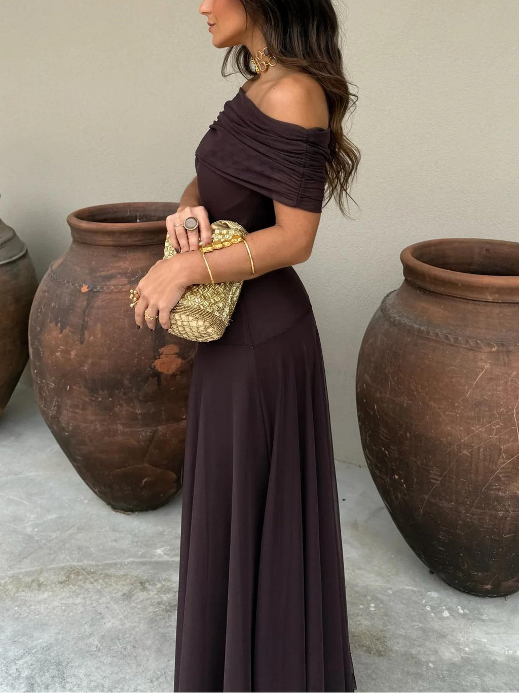 Off Shoulder Chiffon Maxi Dress for Women - Elegant Evening Wear, Perfect for Weddings and Formal Events