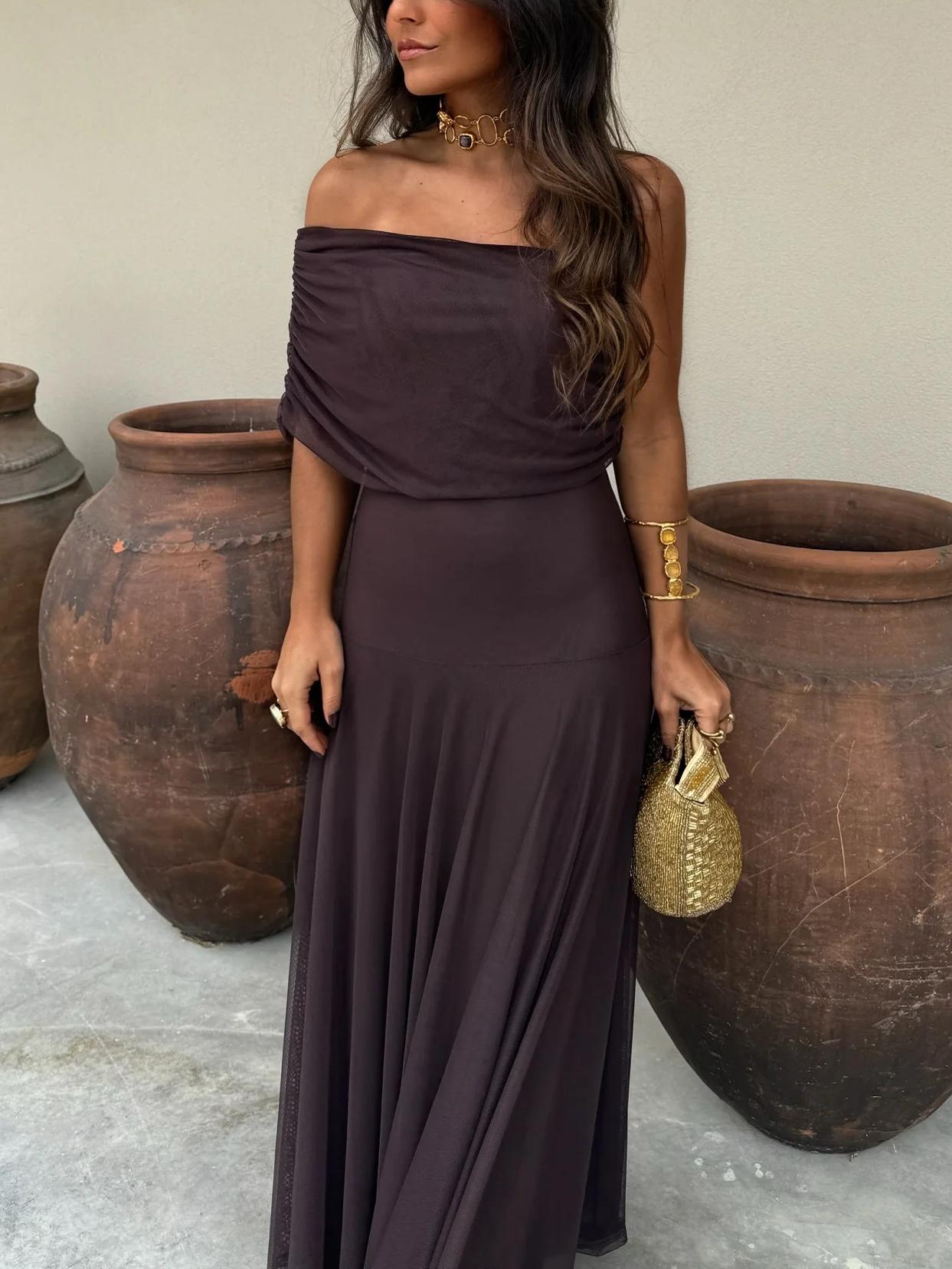 Off Shoulder Chiffon Maxi Dress for Women - Elegant Evening Wear, Perfect for Weddings and Formal Events