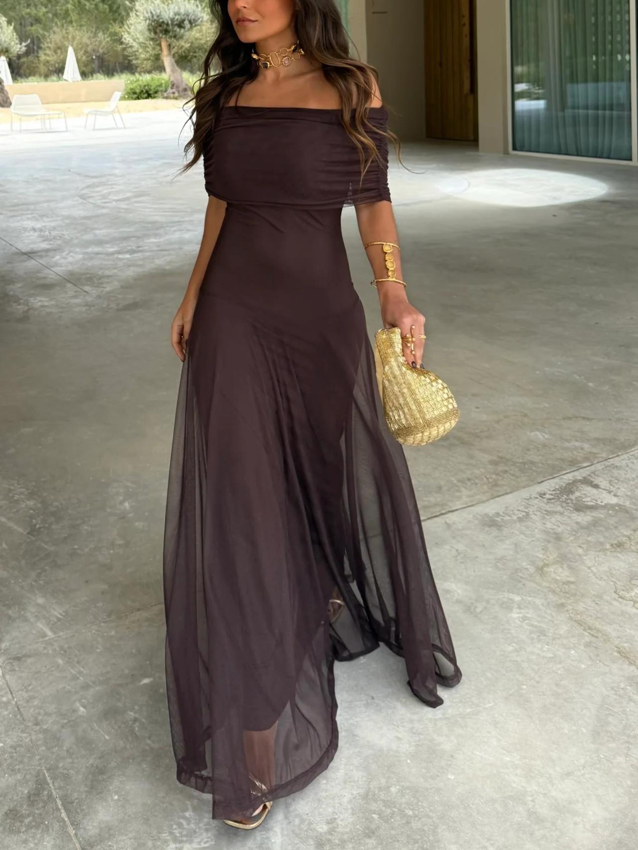 Off Shoulder Chiffon Maxi Dress for Women - Elegant Evening Wear, Perfect for Weddings and Formal Events