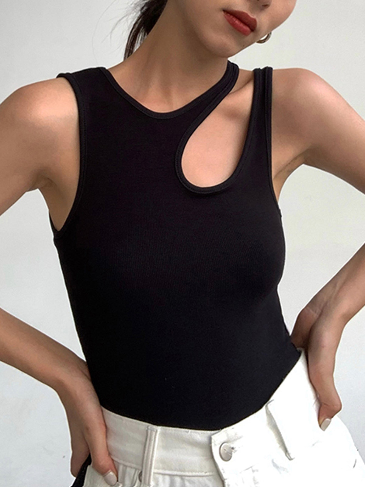 Ribbed Cutout Tank Top - Soft Cotton Blend - Casual Sleeveless Design for Everyday Wear - Available in Multiple Colors