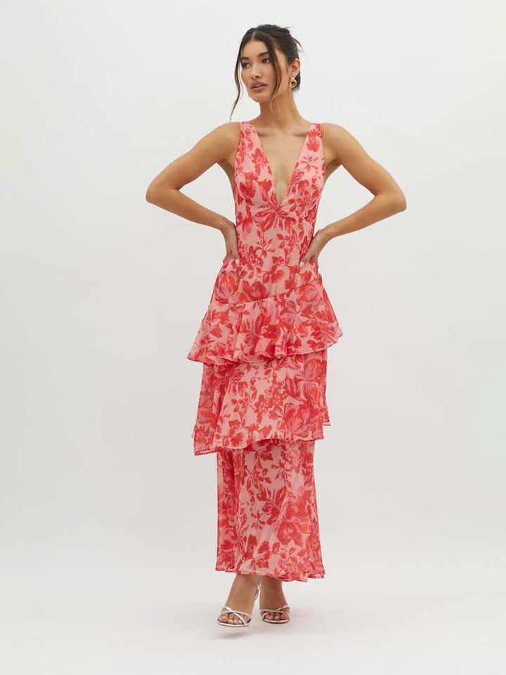 Ruffle Midi Dress for Women - Lightweight Summer Fabric - Casual Floral Design - Perfect for Outdoor Events and Gatherings