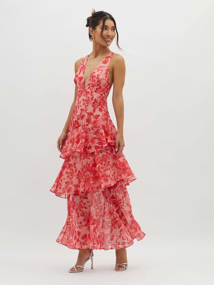 Ruffle Midi Dress for Women - Lightweight Summer Fabric - Casual Floral Design - Perfect for Outdoor Events and Gatherings