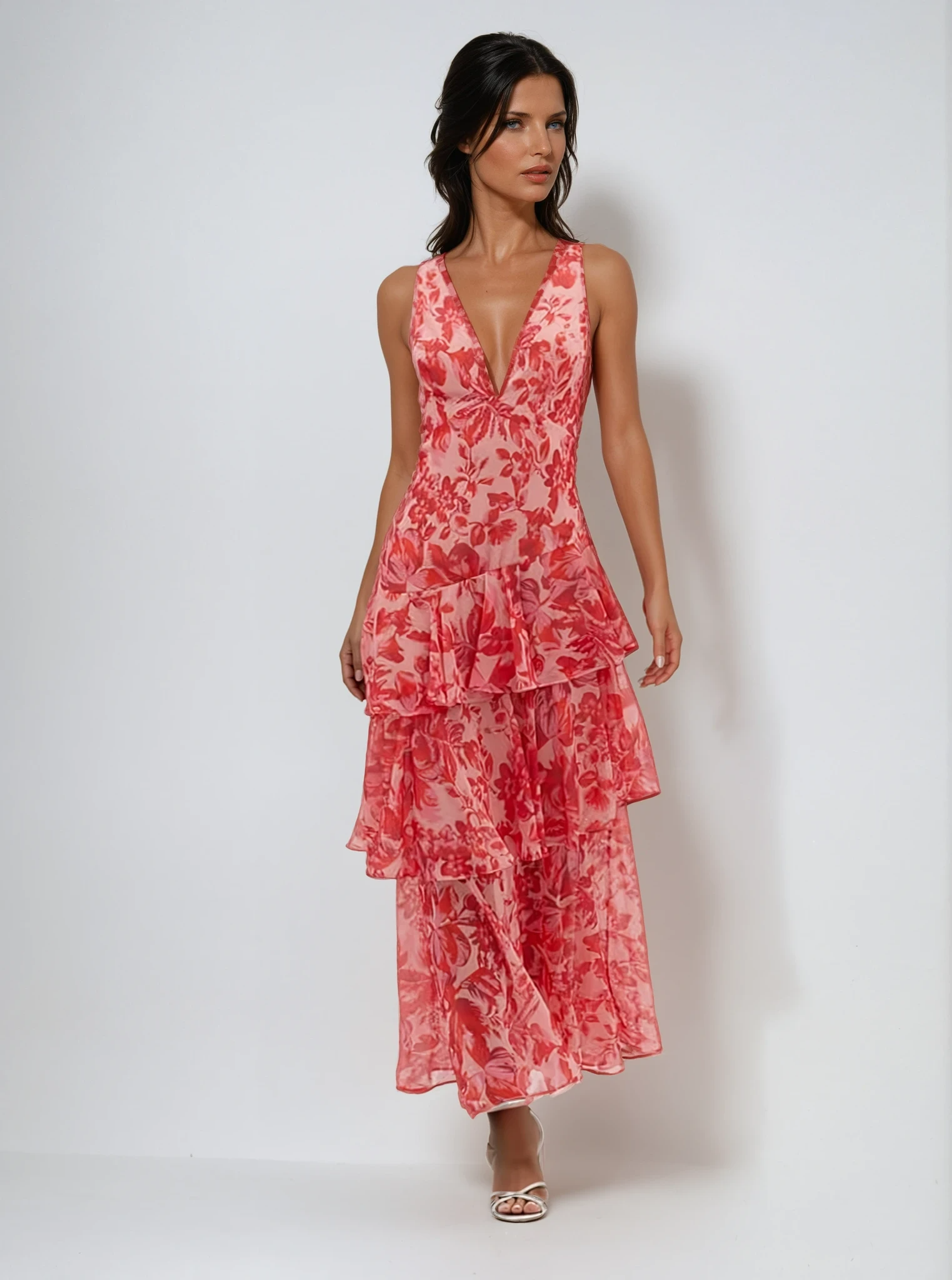 Ruffle Midi Dress for Women - Lightweight Summer Fabric - Casual Floral Design - Perfect for Outdoor Events and Gatherings