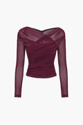 Sheer Mesh Long Sleeve Ruched Top for Women - Elegant Casual Wear Blouse