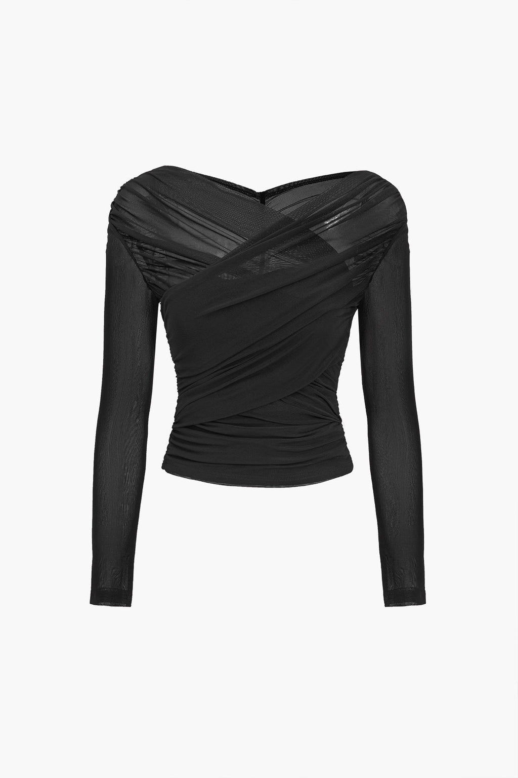 Sheer Mesh Long Sleeve Ruched Top for Women - Elegant Casual Wear Blouse