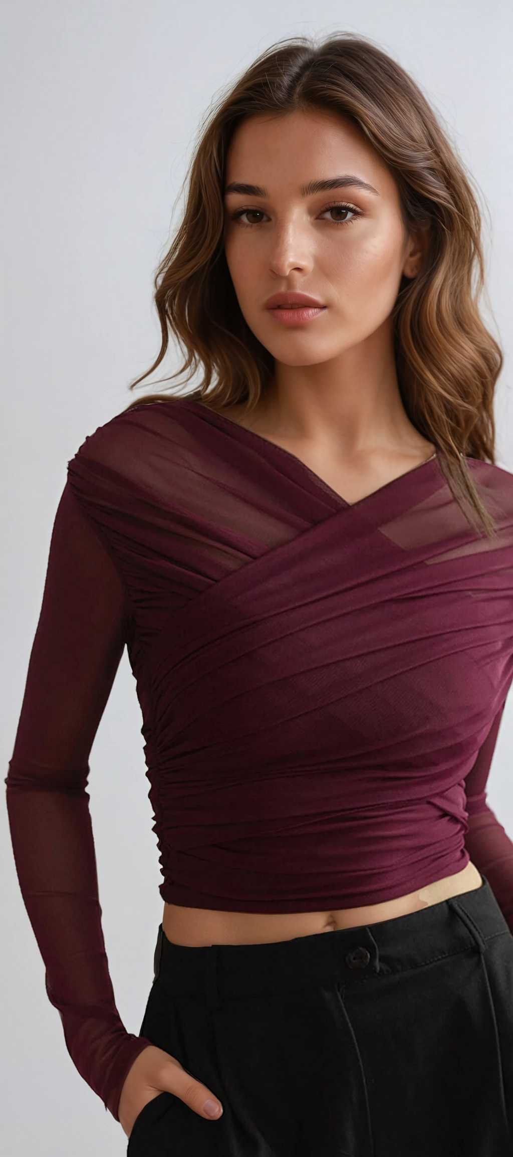 Sheer Mesh Long Sleeve Ruched Top for Women - Elegant Casual Wear Blouse