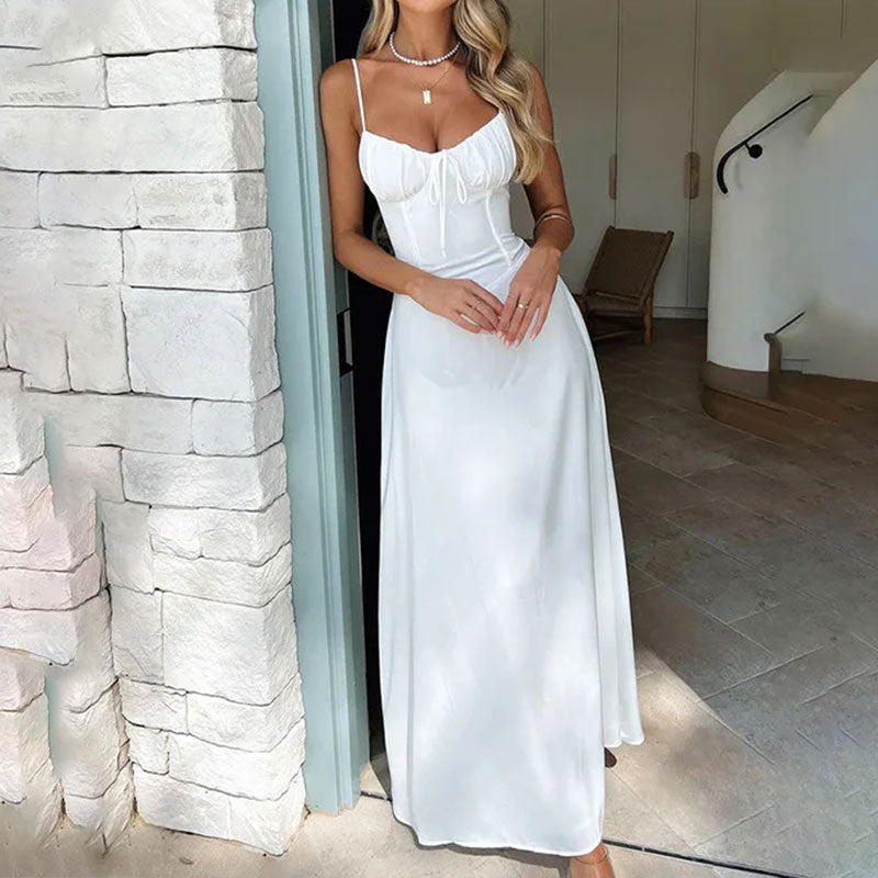 Sleeveless Ruched Bodice Maxi Dress for Wedding Guests - Elegant Evening Wear in Lightweight Fabric