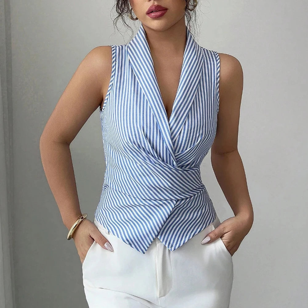 Sleeveless Striped Lapel Shirt for Women - Lightweight Cotton Casual Top for Summer Wear