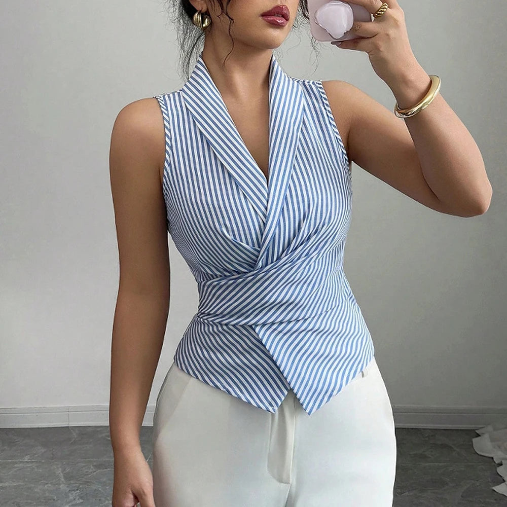 Sleeveless Striped Lapel Shirt for Women - Lightweight Cotton Casual Top for Summer Wear