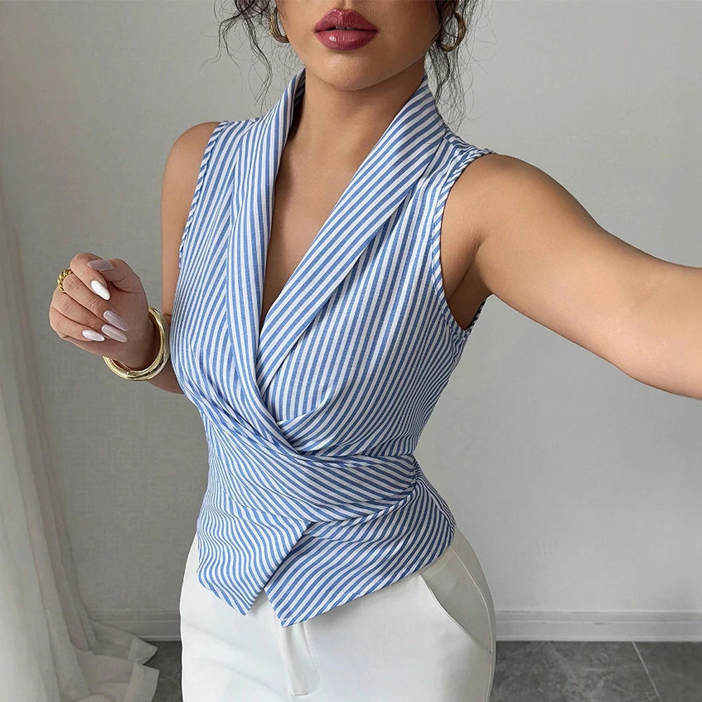 Sleeveless Striped Lapel Shirt for Women - Lightweight Cotton Casual Top for Summer Wear