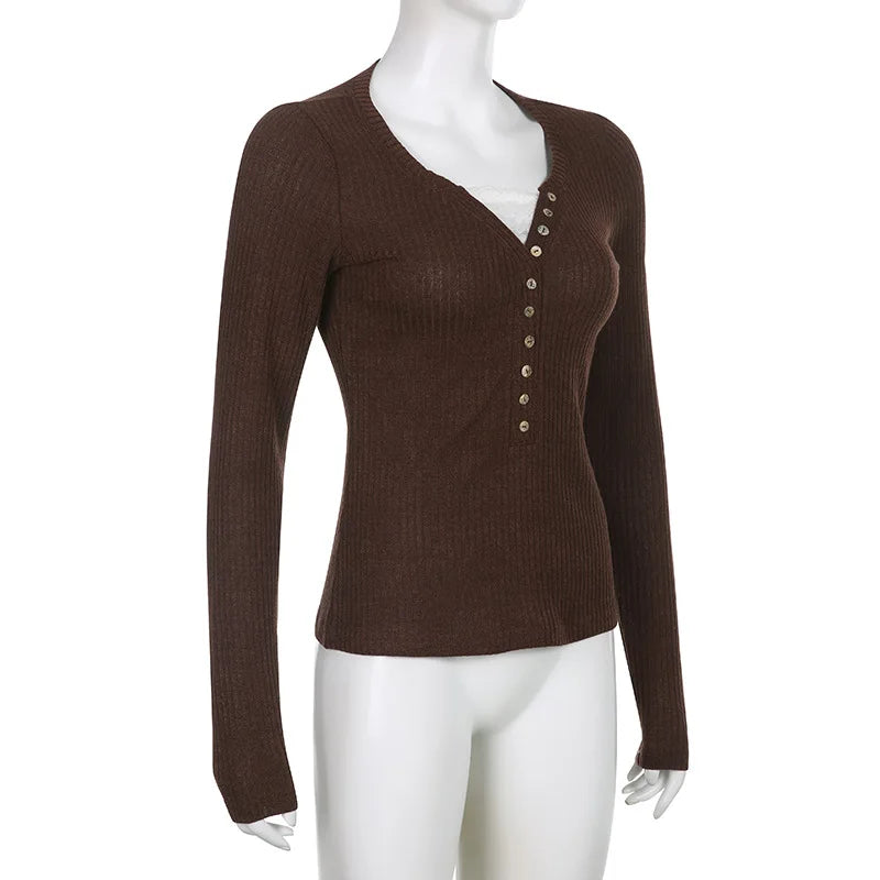 Slim Fit Long Sleeve Knit Top for Women - Soft Stretch Fabric Casual Wear - Perfect for Layering or Everyday Use