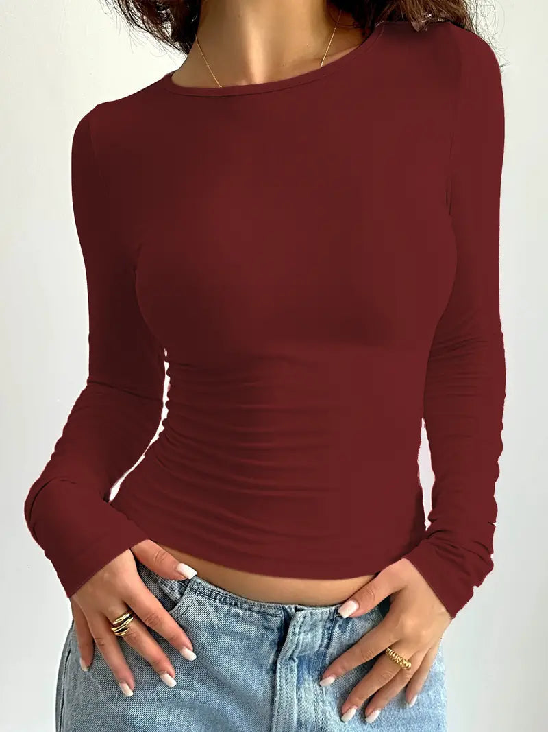 Slim Fit Long Sleeve Women's Top - Soft Cotton Blend - Casual Wear - Versatile Everyday Style