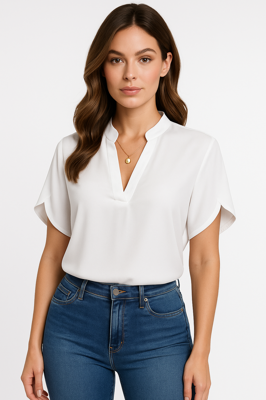 V-Neck Mandarin Collar Blouse in Lightweight Fabric for Casual or Office Wear