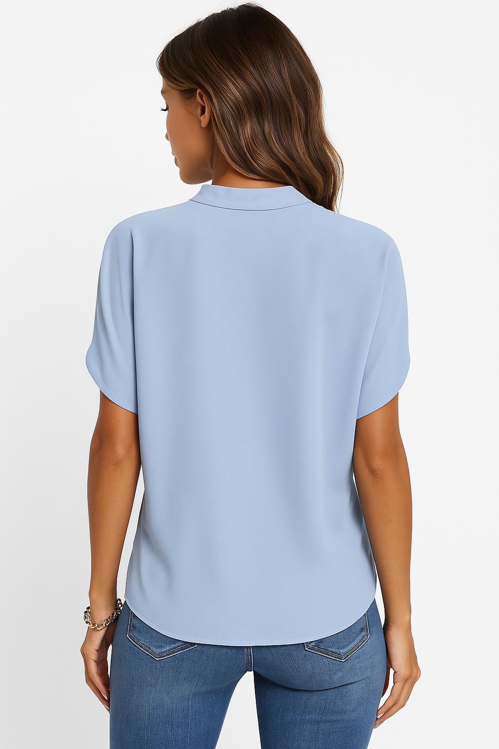 V-Neck Mandarin Collar Blouse in Lightweight Fabric for Casual or Office Wear