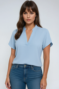 V-Neck Mandarin Collar Blouse in Lightweight Fabric for Casual or Office Wear