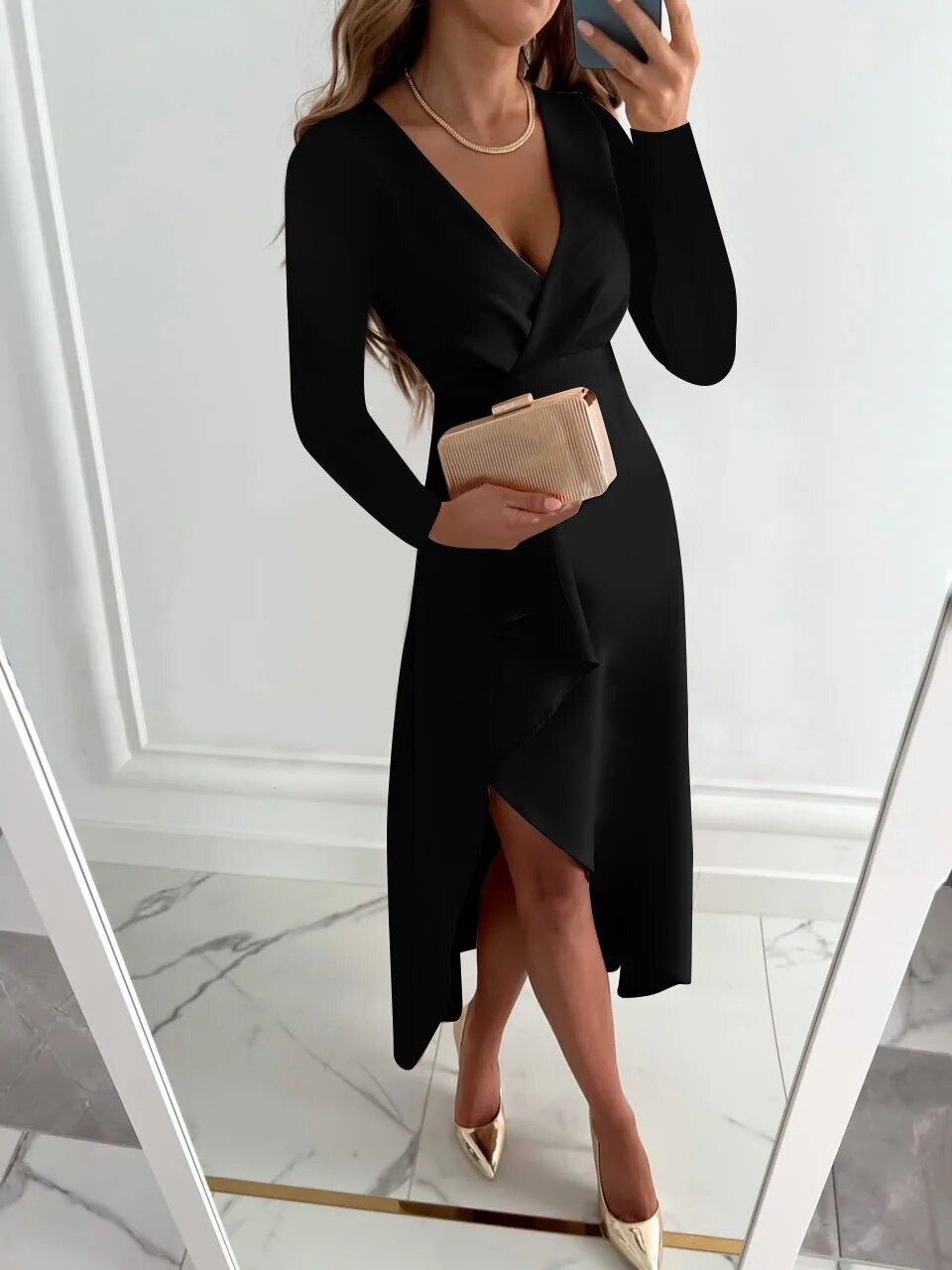 V-Neck Sheath Midi Dress in Elegant Fabric for Holiday Parties and Events