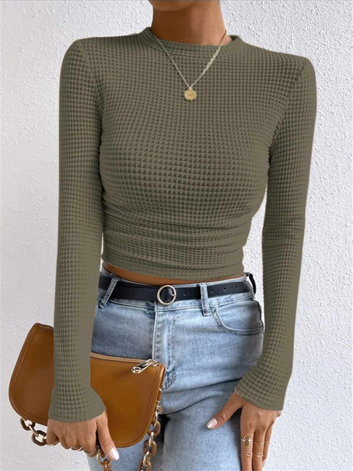 Waffle Knit Long Sleeve Top for Women - Cozy Casual Wear - Perfect for Layering or Everyday Outfits