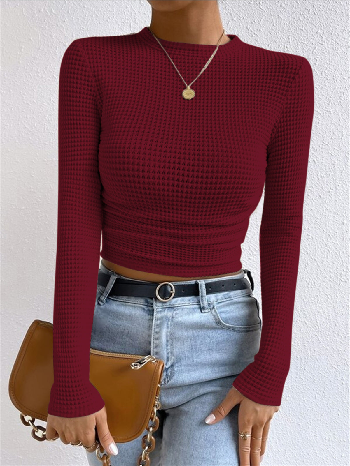 Waffle Knit Long Sleeve Top for Women - Cozy Casual Wear - Perfect for Layering or Everyday Outfits