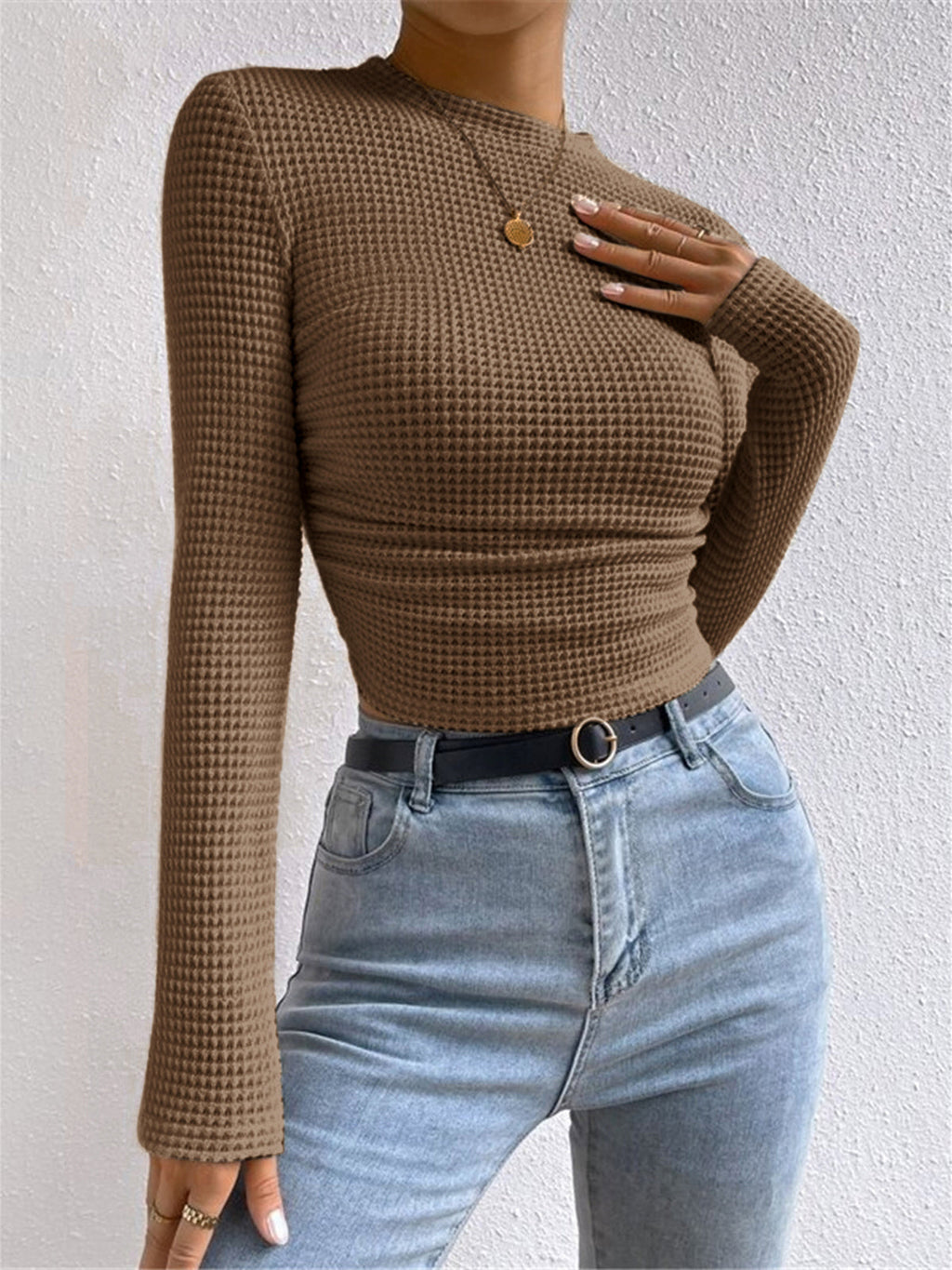 Waffle Knit Long Sleeve Top for Women - Cozy Casual Wear - Perfect for Layering or Everyday Outfits