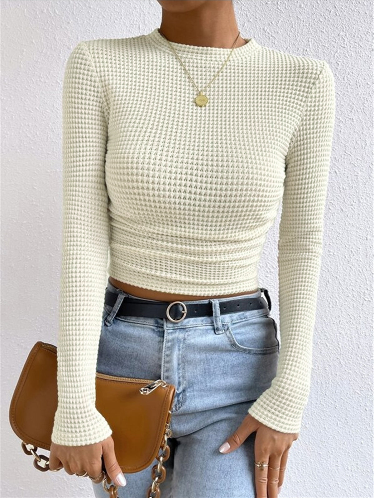 Waffle Knit Long Sleeve Top for Women - Cozy Casual Wear - Perfect for Layering or Everyday Outfits
