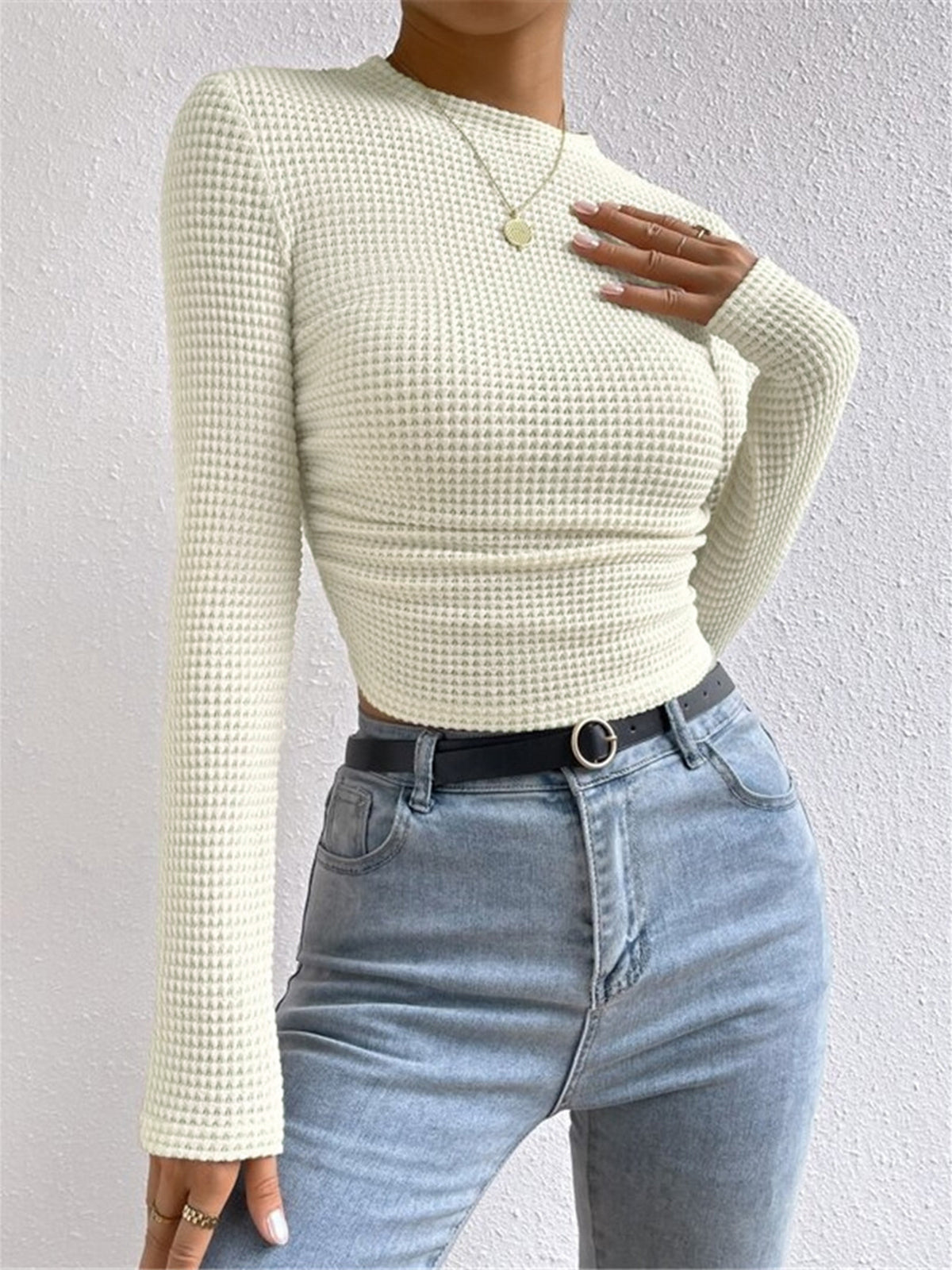 Waffle Knit Long Sleeve Top for Women - Cozy Casual Wear - Perfect for Layering or Everyday Outfits