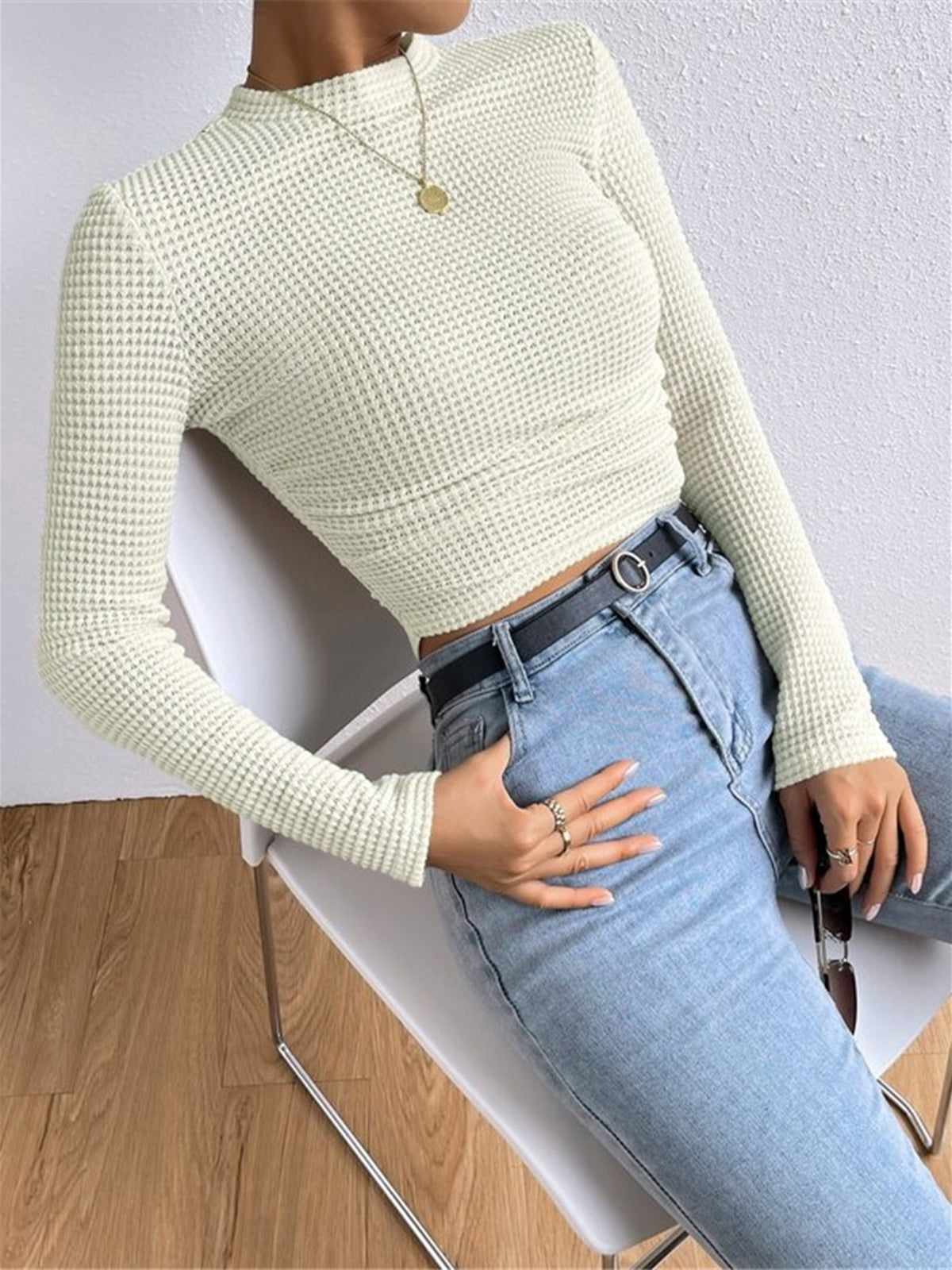 Waffle Knit Long Sleeve Top for Women - Cozy Casual Wear - Perfect for Layering or Everyday Outfits