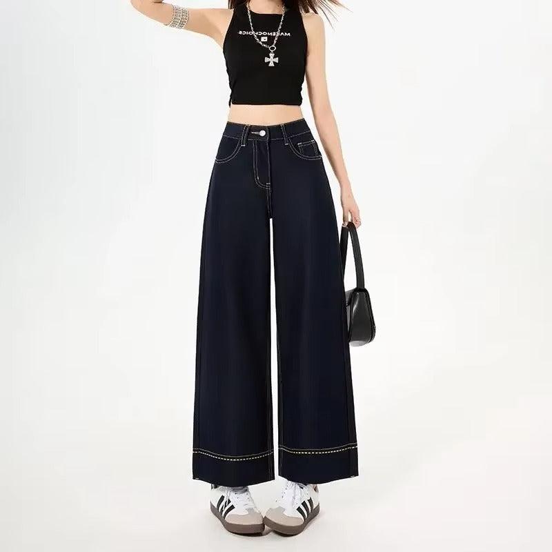 Wide Leg Denim Jeans with Contrast Stitching for Casual Wear - Comfortable and Stylish Fit