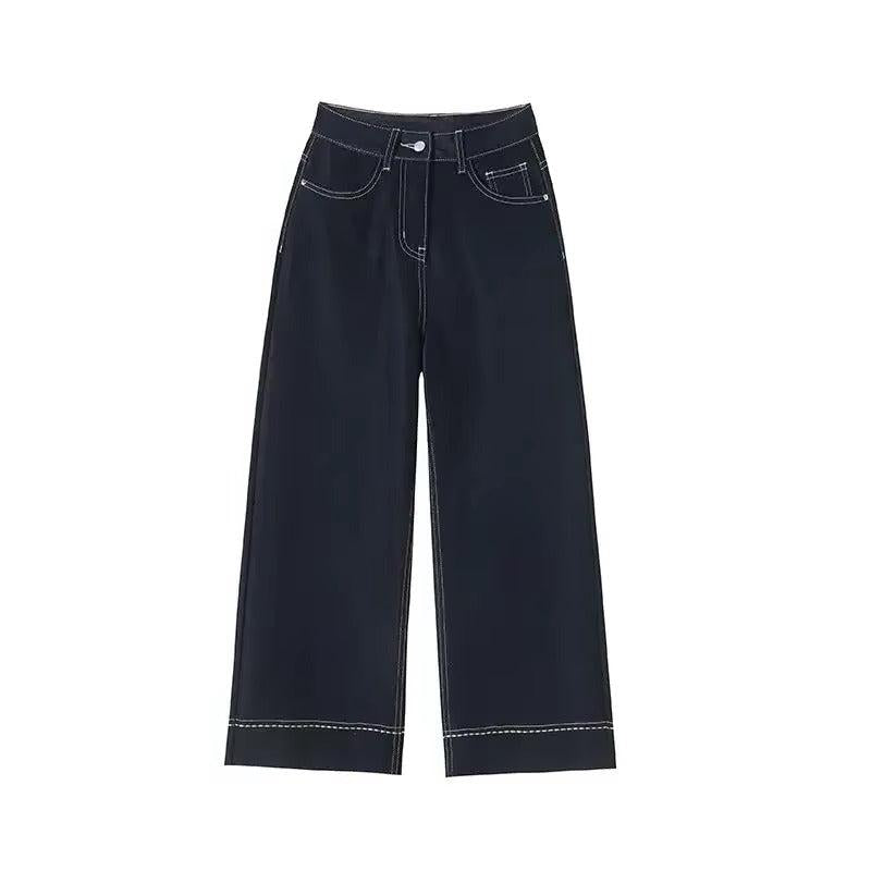 Wide Leg Denim Jeans with Contrast Stitching for Casual Wear - Comfortable and Stylish Fit