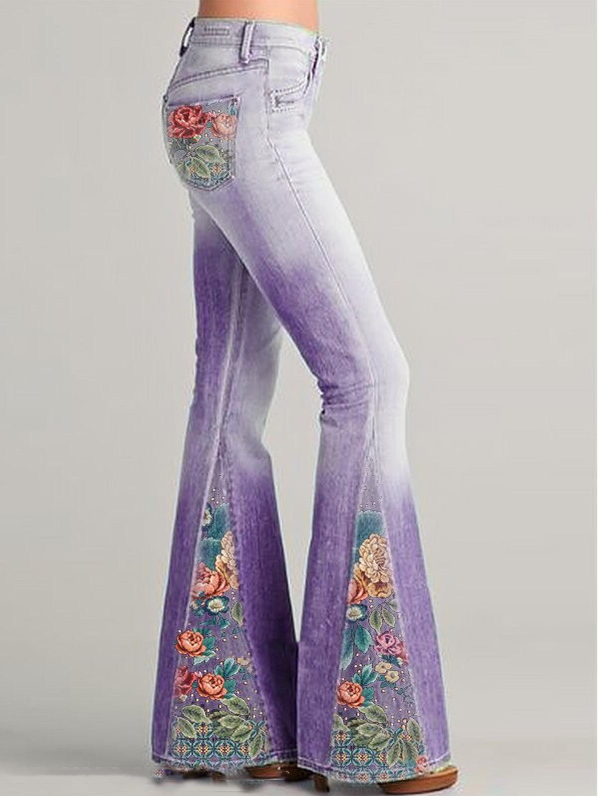 Women's Bootcut Denim Jeans with Floral Embroidery - Casual Everyday Wear - Stylish and Comfortable Fit