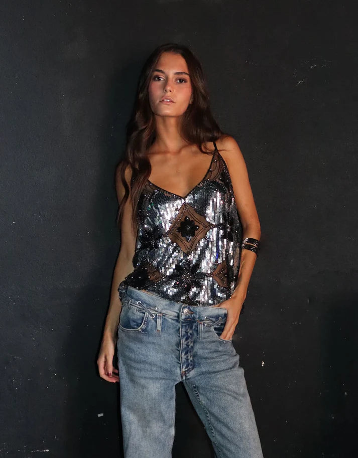 Women's Glitter Party Top with Pearls - Elegant Sparkling Design for Special Occasions