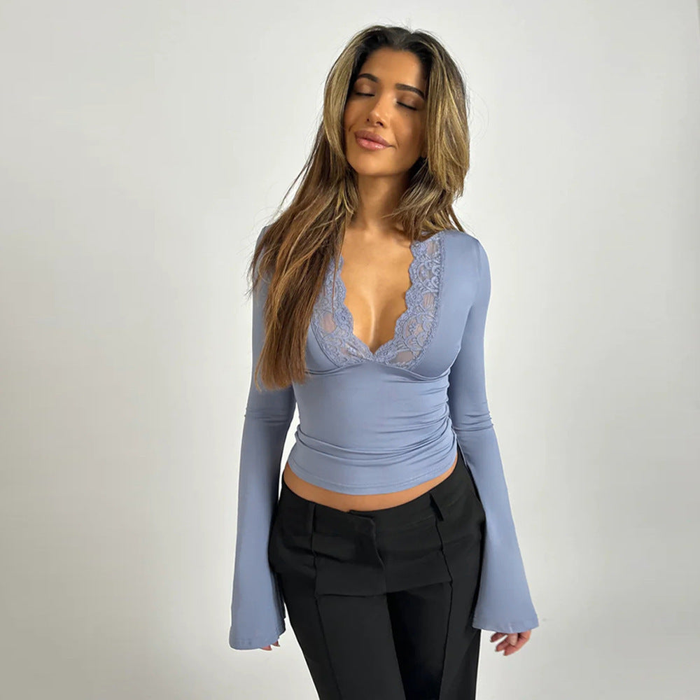 Women's Long-Sleeved Lace Top - Elegant Feminine Design for Casual or Dressy Occasions