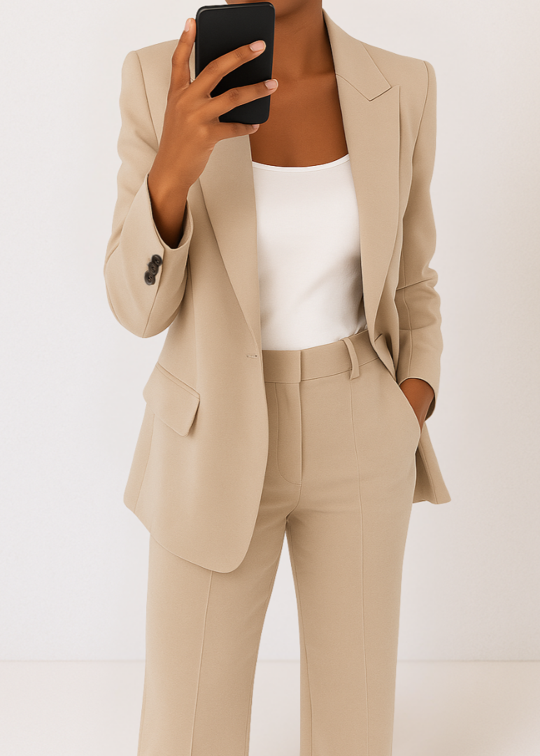 Women's Tailored Blazer and Trousers Set - Chic Two-Piece Pantsuit for Office and Formal Events