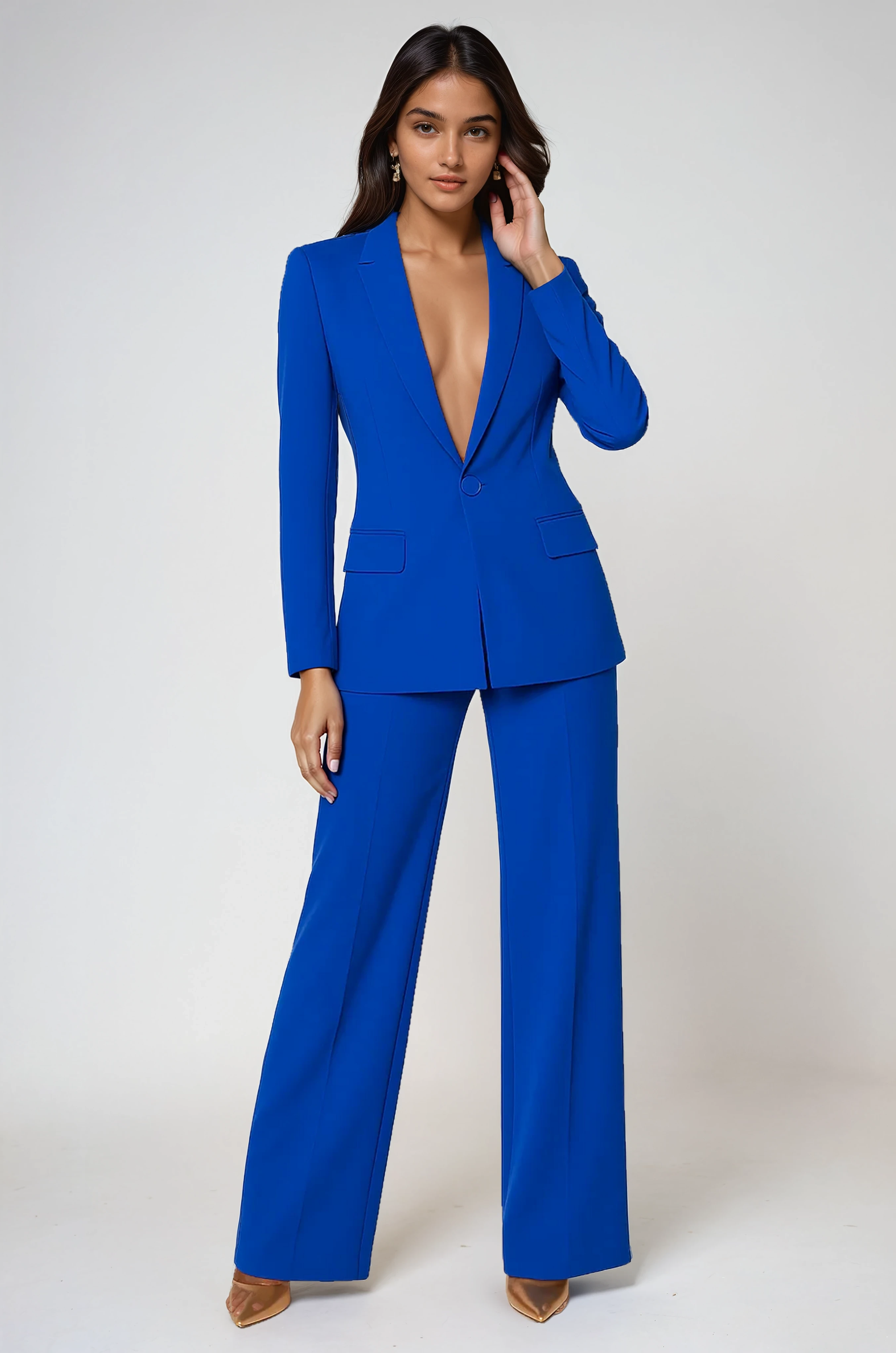 Women's Tailored Blazer and Wide-Leg Trouser Set - Stylish Office Wear in Premium Fabric